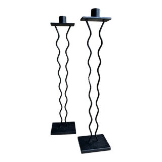 Postmodern Wavy Black Candleholders-A Pair For Sale