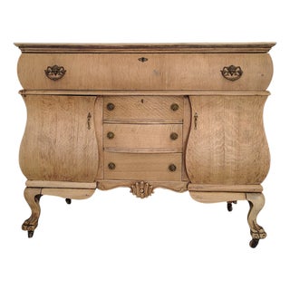 Antique French Victorian Natural Tiger Oak Clawfoot Buffet on Casters For Sale
