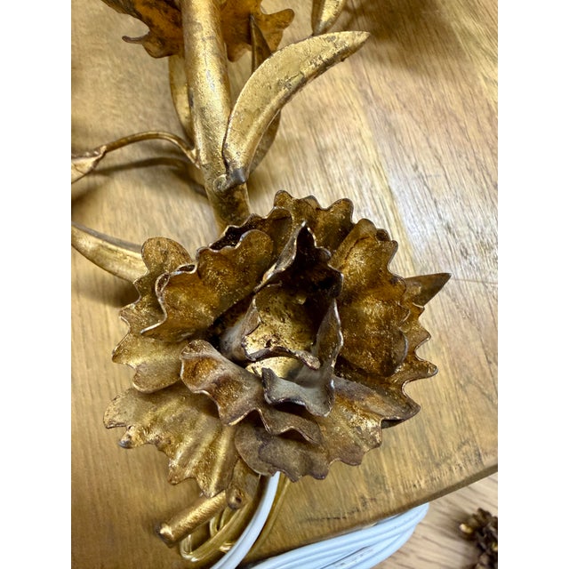 Antique French Tole Floral Wall Sconces, Gilt Iron, Rewired (1 Double, 2 Single) - Set of 3 For Sale - Image 4 of 8