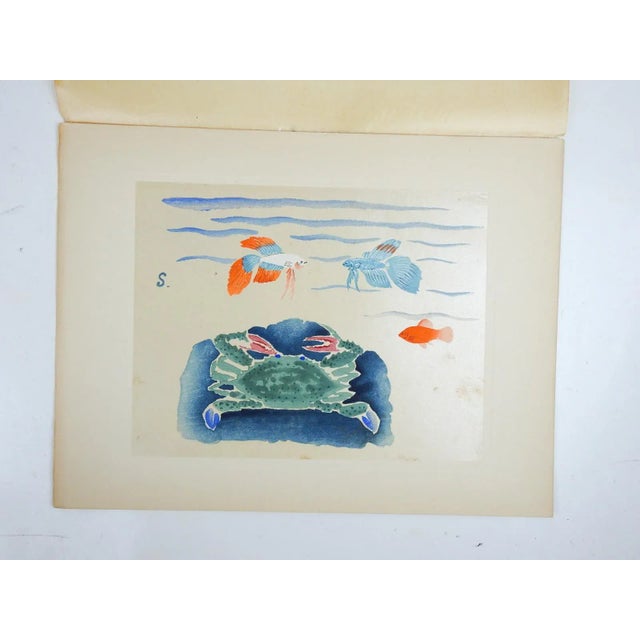 Vintage mid 20th century hand print on paper of a variety of fancy fish and a blue crab Japanese mingei folk art hand...