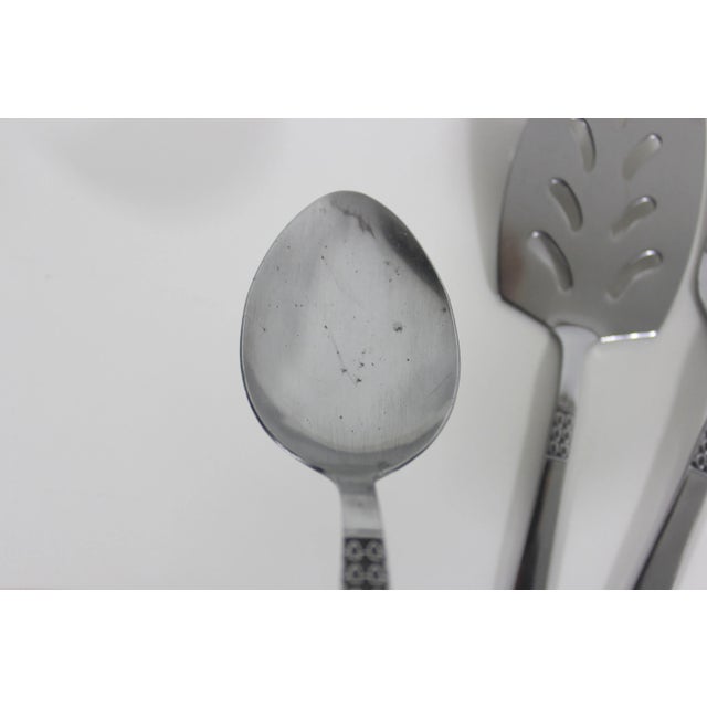 Mid-Century Modern 1960s Mid Century Modern Stainless Serving Set Spoon, Fork, Lifter, Set of Three Aztec Scroll For Sale - Image 3 of 10