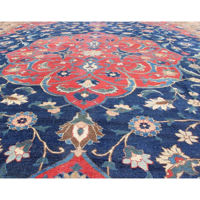 Antique Large Persian Tabriz Rug With Large Flowers on a Navy Background For Sale In Atlanta - Image 6 of 12