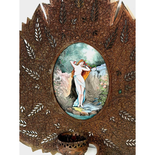 Pair Orientalist Bronze Palmette Candle Sconces Limoges Enamel Bather Plaques For Sale In West Palm - Image 6 of 15