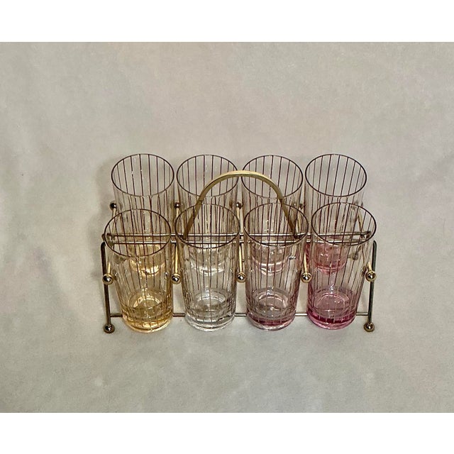 1950s Culver Mid-Century Modern Atomic Multi Color Highball Barware Glasses With Caddy- Set of 8 For Sale - Image 5 of 12