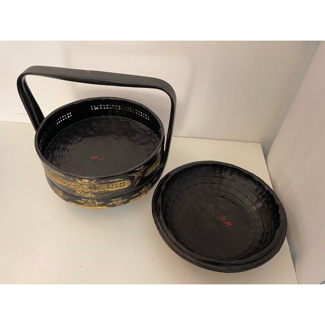 Paint Vintage Chinoiserie Black Lacquer & Raised Gold Gilt Tiered Chinese Wedding Basket For Sale - Image 7 of 9