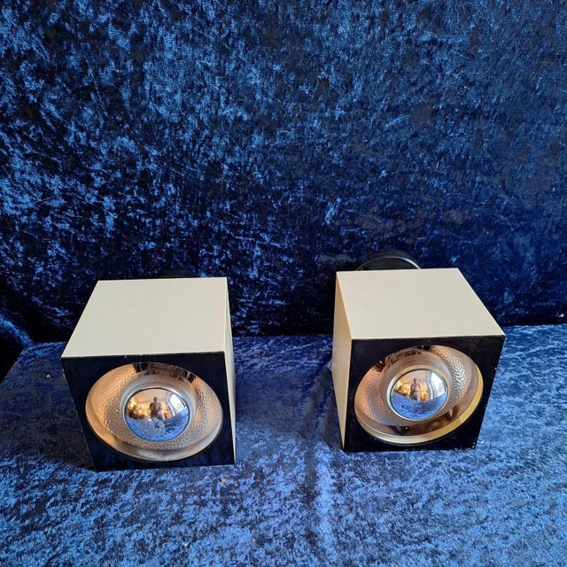 Black Vintage Adjustable Wall Lamps with Cream White Cube-Shaped Plastic Housing, Black Plastic Cover and Mount, 1970s, Set of 2 For Sale - Image 8 of 8
