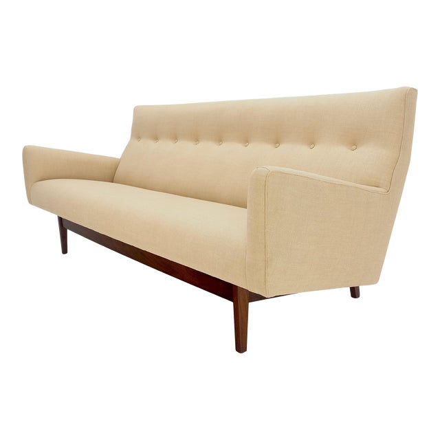 Jens Risom NEW Beige Linen Upholstery Oiled Walnut Frame c1960s Sofa Couch For Sale