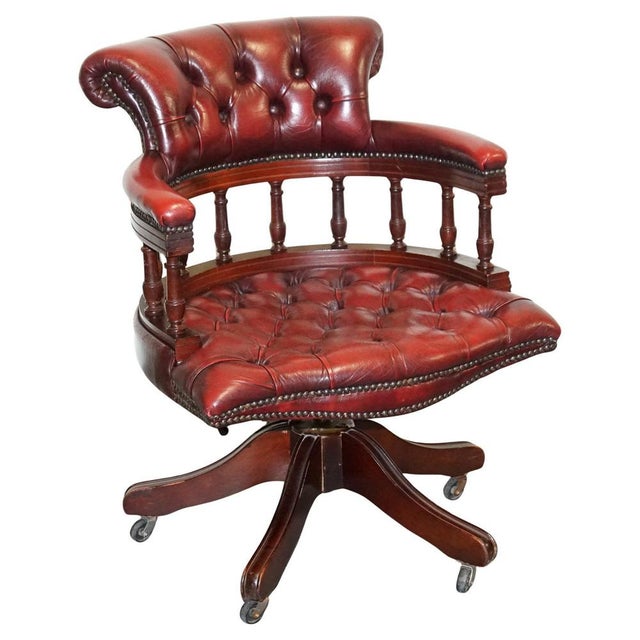 Burgundy Chesterfield Leather Captains Swivel Desk Chair, 1950s For Sale - Image 14 of 14
