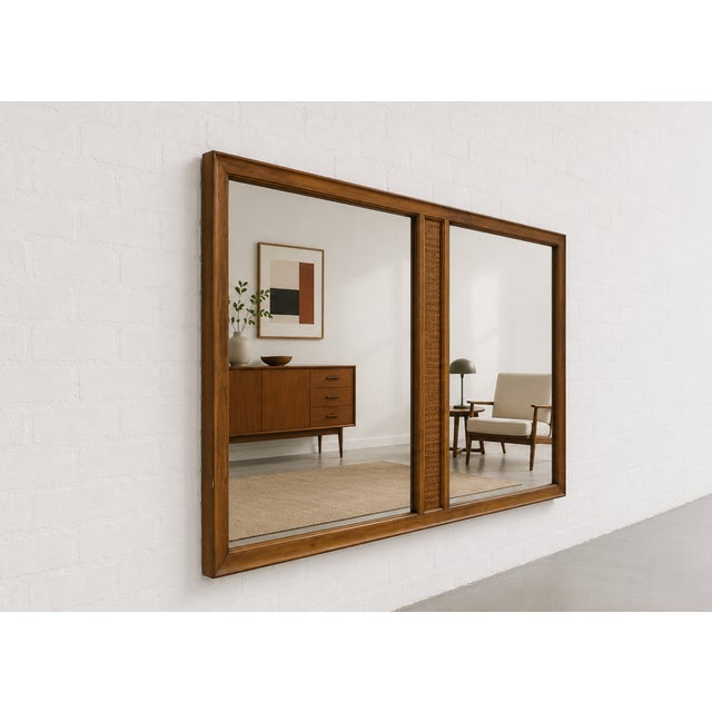 1960s Large Vintage Mid Century Modern Mirror | Walnut Rattan Mirror C. 1960's For Sale - Image 5 of 9