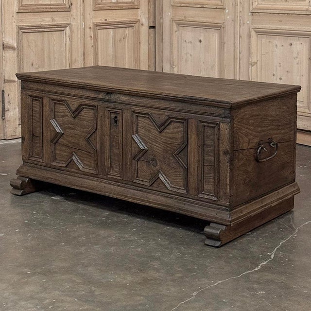 18th Century Dutch Provincial Solid Oak Trunk With Hand-Forged Iron Handles For Sale - Image 4 of 17