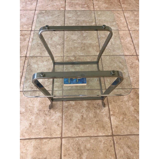 Mid-Century Modern Vintage 1980s Mid-Century Modern Chrome and Double 3/8" Glass Shelf Side Table - Coffee Table Also Available, Listed Separately. For Sale - Image 3 of 9
