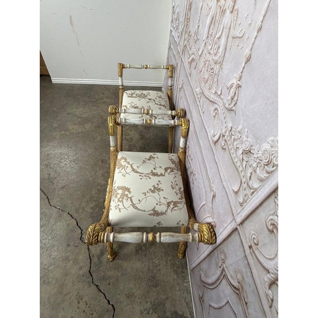 Pair of Italian Neoclassical Curule Stools W/ Fortuny Upholstery For Sale - Image 14 of 17