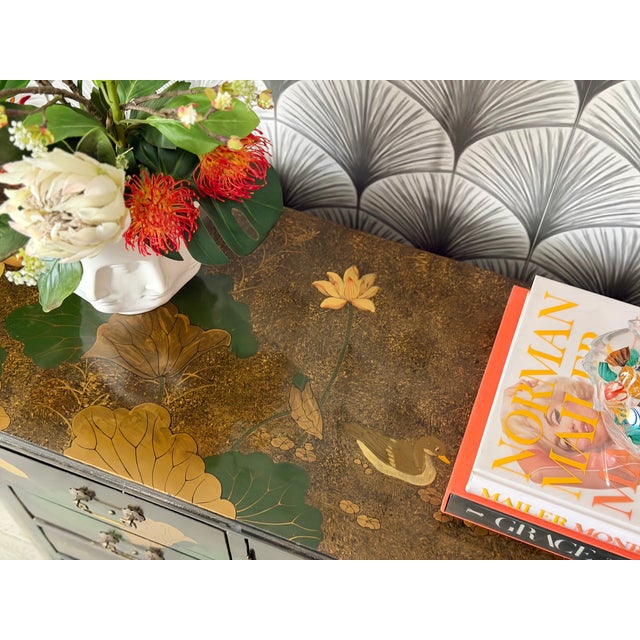 Vintage Mid-Century Modern Hand-Painted Asian Chinese Chinoiserie-Style Lacquered Oval Credenza Buffet Sideboard Cabinet For Sale - Image 4 of 18