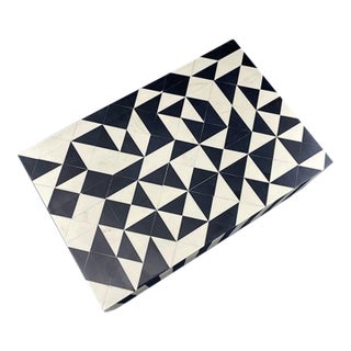 Black and White Geometric Patterned Faux-Bone Inlaid Wood Box For Sale