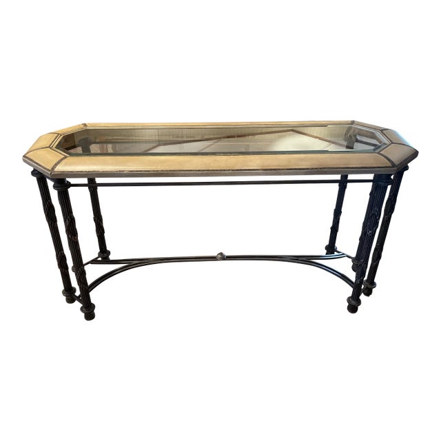 Neoclassical Tooled Leather and Glass Top Console Table For Sale