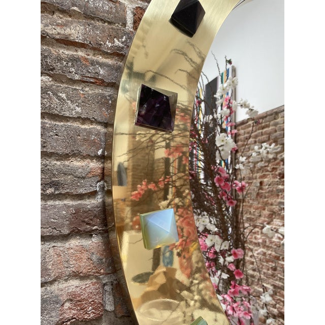 Metal Modern Spanish Circular Brass Mirror with Semi Precious Stones For Sale - Image 7 of 11