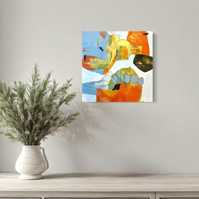 Textile Lee Cox "Streetside Boquets" Acrylic on Canvas, Small Framed Abstract Collage Painting in Blue, 2025 For Sale - Image 7 of 8