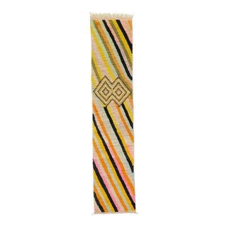 Bold Diagonal Stripe Hand-Knotted Moroccan Wool Runner | 12'11" X 2'7" | One of a Kind For Sale