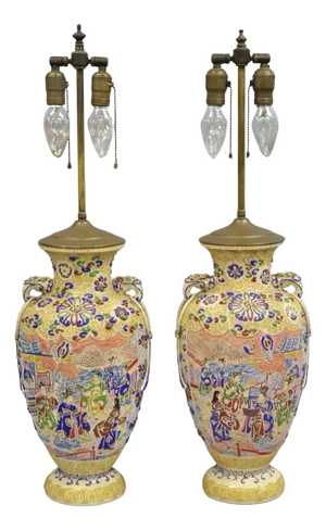 Antique Chinese Porcelain Painted Applied Scene Satsuma Vase Table Lamps - Pair
