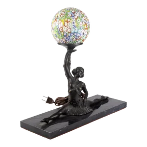 Vintage Art Deco Dancer Lamp With Patina Metal on Marble Base With Murano Glass Light