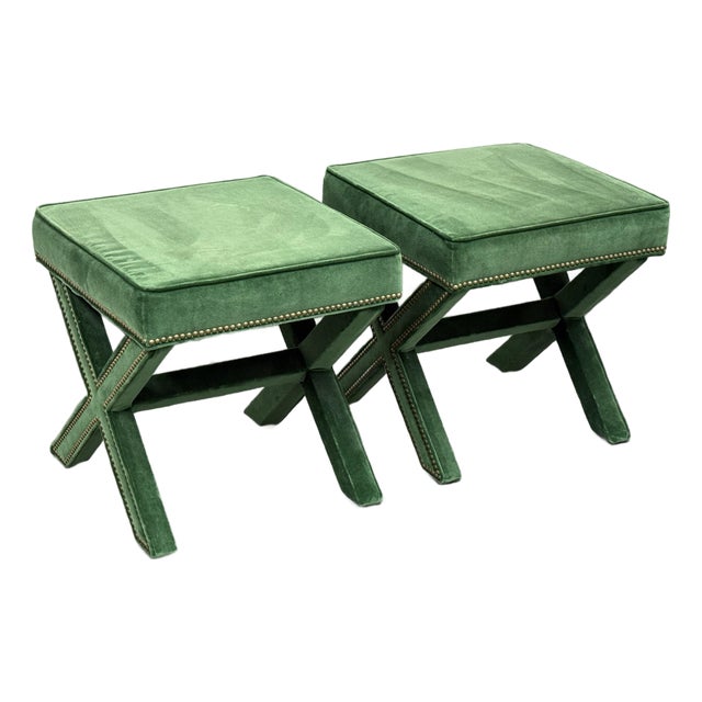 Hollywood Regency Style Green Velvet X-Base Ottoman Stools, Pair For Sale