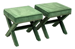 Hollywood Regency Style Green Velvet X-Base Ottoman Stools, Pair