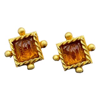 Gerard Yosca Amber Glass Gold Toned Pierced Earrings Signed Vintage For Sale