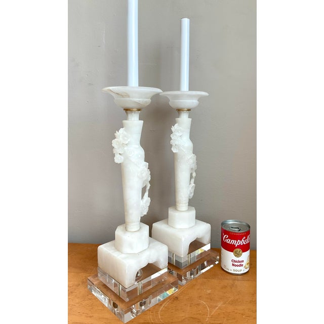 Metal Vintage Carved Alabaster Floral Ring Candlestick Lamps - A Pair For Sale - Image 7 of 12