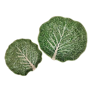 Vintage Majolica Pottery Green Cabbage Leaf Tableware Bordallo Pinheiro Portugal - 2 Pieces