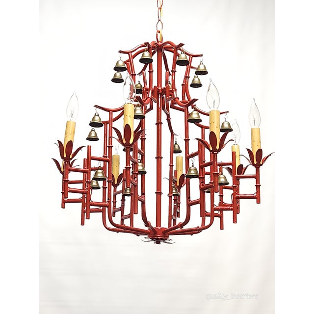 Massive Vintage Italian Tole Red Faux Bamboo Birdcage Chandelier With Bells ~ Rewired ~ Restored ~ Rejuvenated ~ Ready to Hang ~ For Sale In South Bend - Image 6 of 12