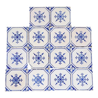 Antique 1920s Portuguese Ceramic Tiles With Stylized Art Deco Rosette Motif Set of 14 For Sale