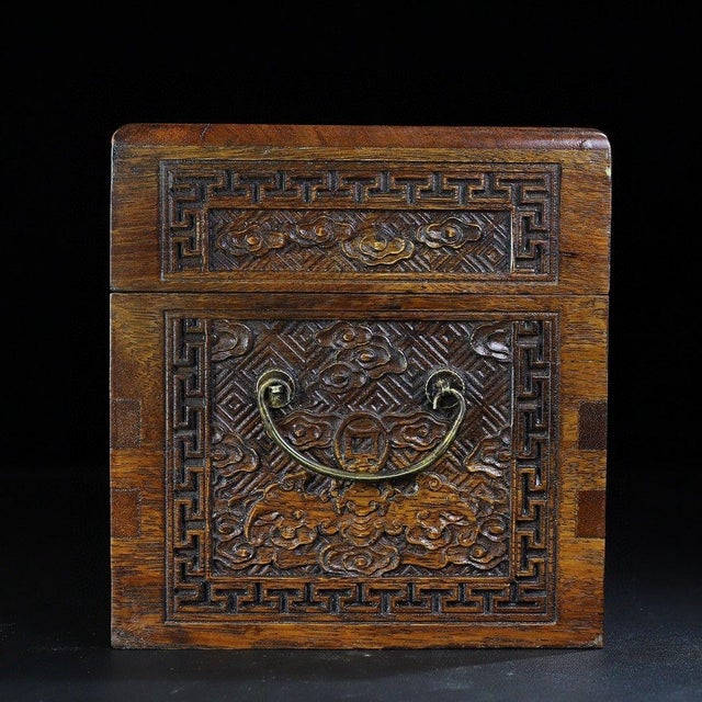Hand-Carved Wooden Treasure Box With Brass Hardware & Dragon Motif For Sale - Image 4 of 9