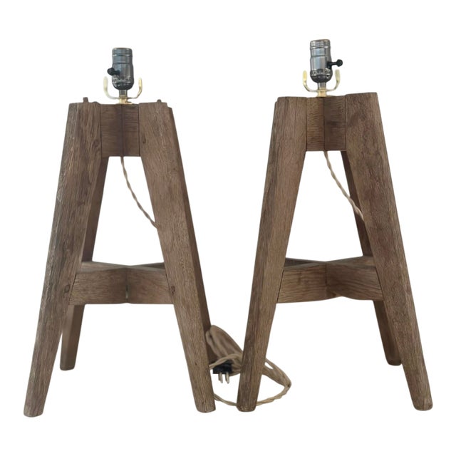 1940s Pair of French Farmhouse Table Lamps in Natural Oak For Sale