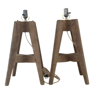 1940s Pair of French Farmhouse Table Lamps in Natural Oak