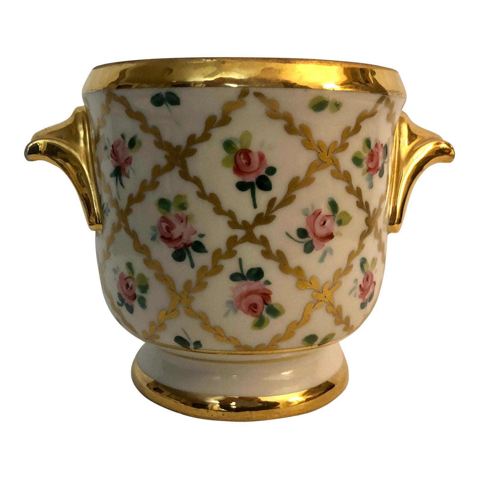 Mid 20th Century French Pink Rose and Gold Porcelain Cache Pot | Chairish