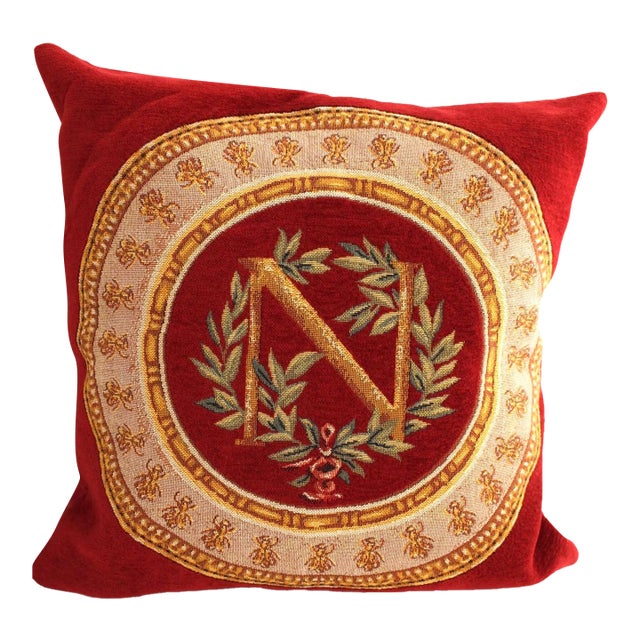 Pair of French Embroidered Napoleon Pillows by Jules Pansu, 17", Monogram N For Sale