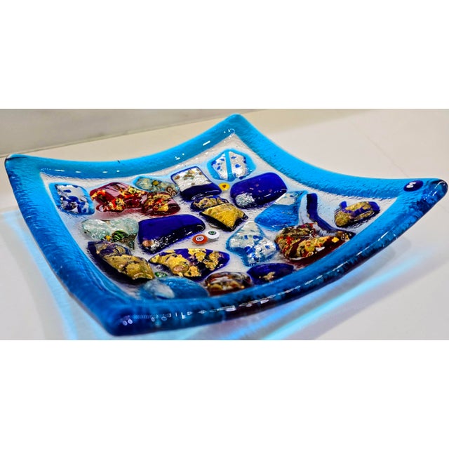 Late 20th Century Baccerini Portofino Fused Art Glass Catchall Dish – Blue & Gold Square Italian Trinket Tray For Sale - Image 5 of 8
