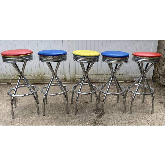 Vintage Blue, Red, Orange, and Yellow Swivel Bar Stools, 1990s, Set of 5 For Sale - Image 18 of 18