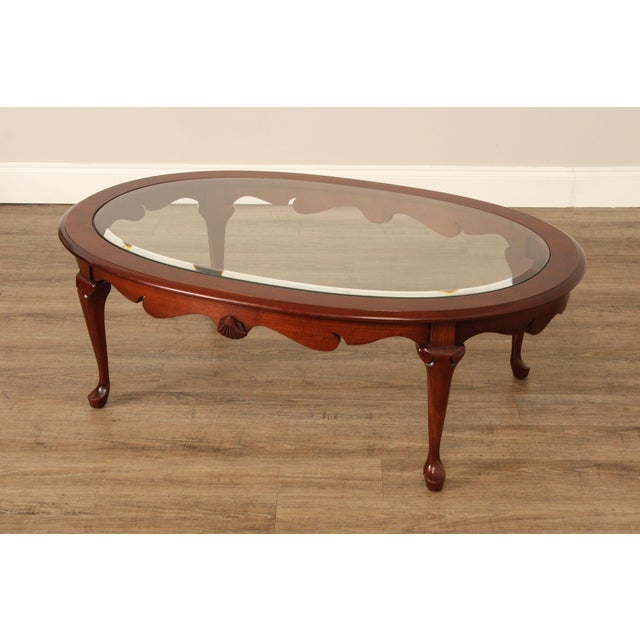 Queen Anne Style Carved Cherry Oval Glass Top Coffee Table | Chairish