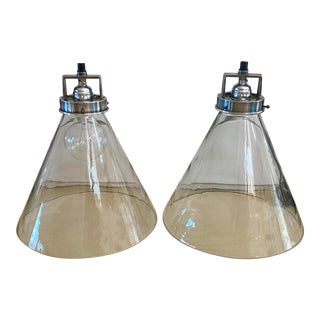 Clear Glass Cone Pendant Light Fixtures With Polished Nickel Fixtures - a Pair For Sale