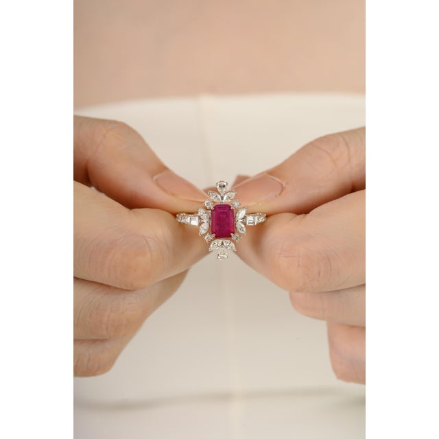 Vintage Revival Art Deco Ruby Diamond Cocktail Ring Size 6 in 18k Solid Gold For Sale In New York - Image 6 of 13