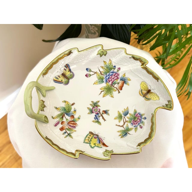 Victorian 1980s Herend Queen Victoria Leaf Dish Hand Painted Porcelain Butterfly & Floral, Hungary Vbo 201 For Sale - Image 3 of 10