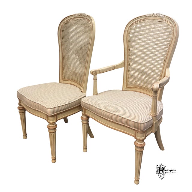 Wood Vintage Drexel Heritage Shabby Chic Cane Back Dining Chairs - Set of 8 For Sale - Image 7 of 12