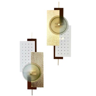 Italian Modernist Gold White & Brown Geometric Textured Metal & Glass Sconces - a Pair in Showroom For Sale