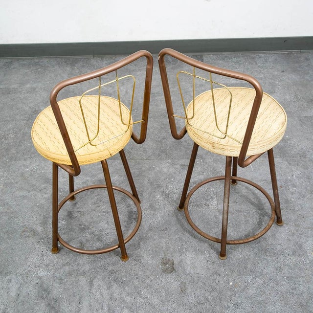 Mid Century Modern Bar Stools Set 2 Brown Swivel Wood American Vintage Tan MCM For Sale - Image 4 of 12
