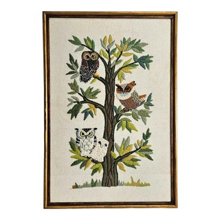 Crewel Owls on a Tree Art Framed Embroidery Needlepoint For Sale