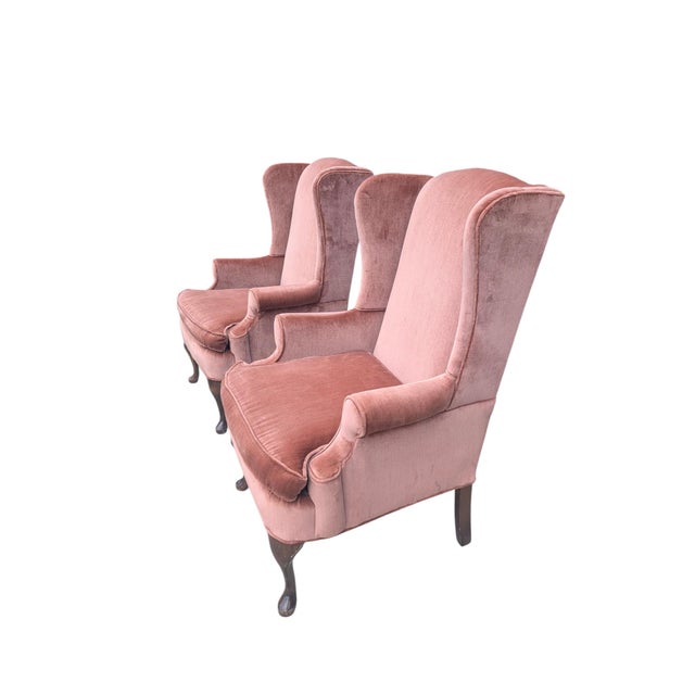 Rose Mid 20th Century Rose Gold Pink Crushed Velvet Wingback Chairs- A Pair For Sale - Image 8 of 18