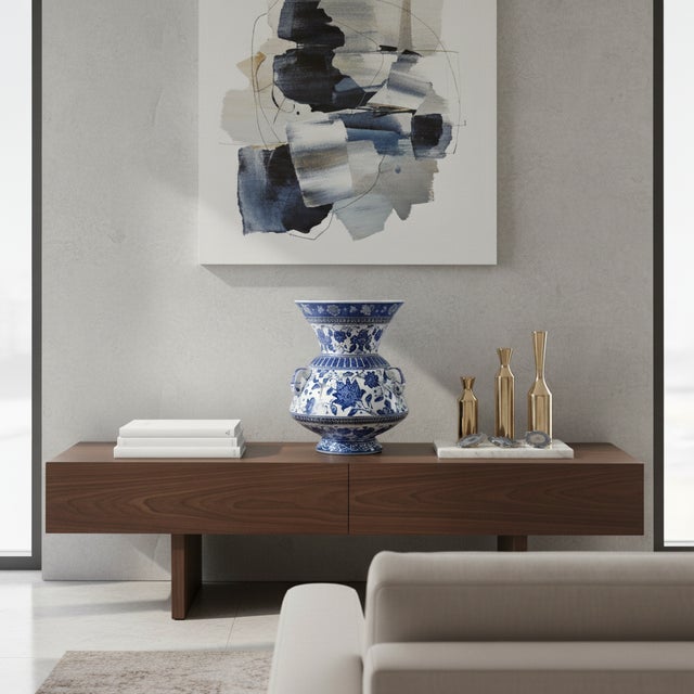 Chinoiserie Handmade Ceramic “Kandil” Vase (30cm) Rare 3-Handled Design Blue & White Floral Centerpiece For Sale - Image 3 of 6