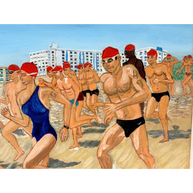 “Swim for Life, Miami Beach": Figurative Oil Painting by Eduardo Lluria Miralles, 1998 A dynamic and highly evocative...