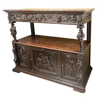 Antique English Carved Oak Server With Shelf and Doors For Sale